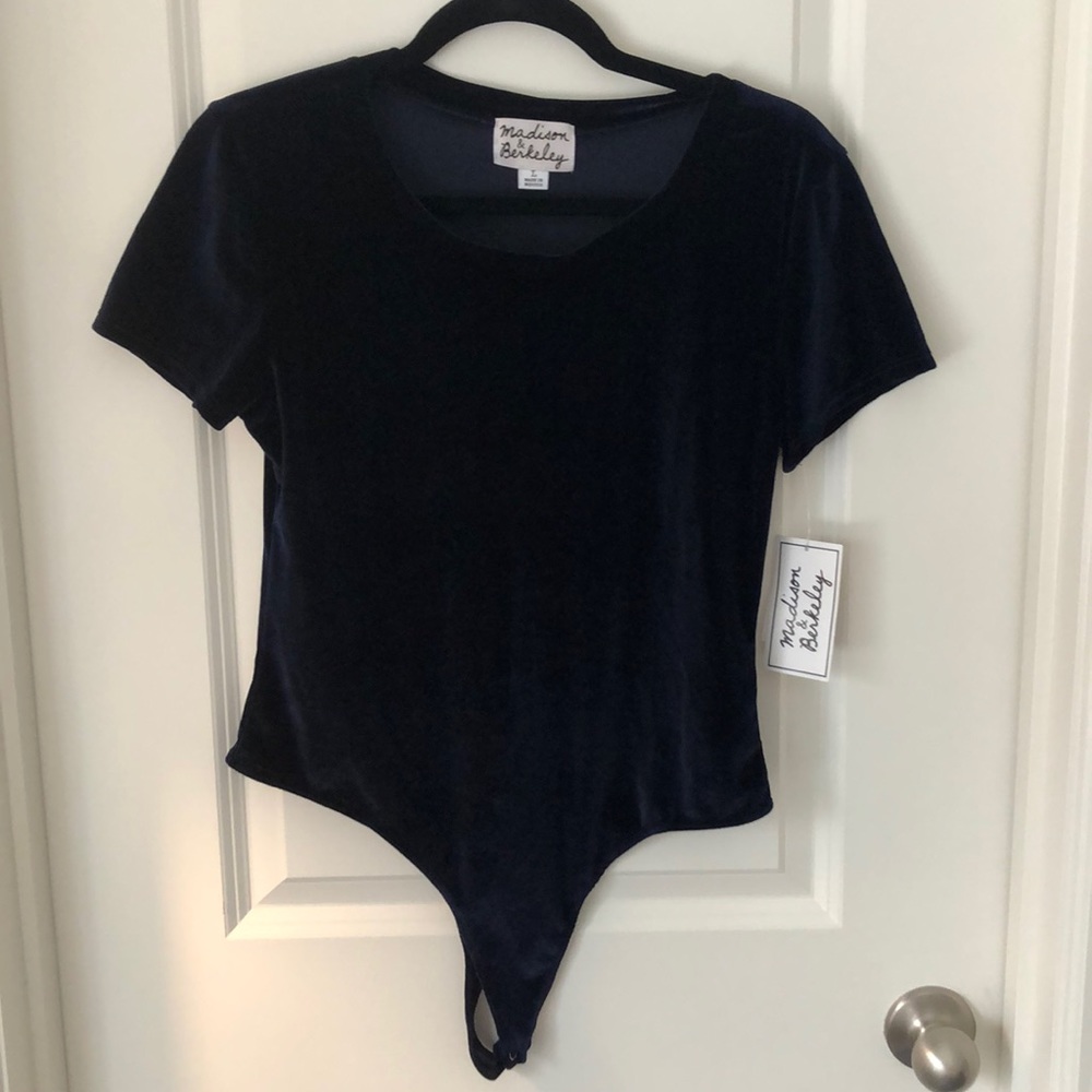 Madison Berkeley Navy Blue Velvet Bodysuit NWT